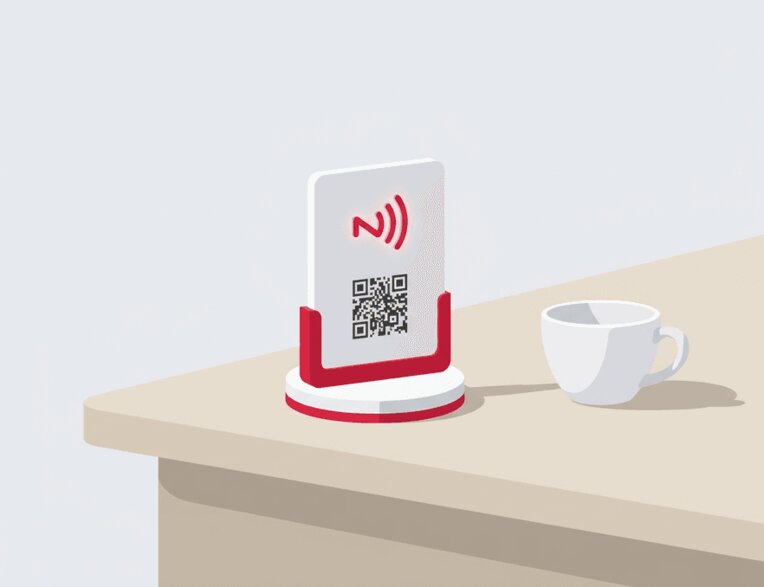 Dispositivo NFC/QR Recensione.ME su un bancone